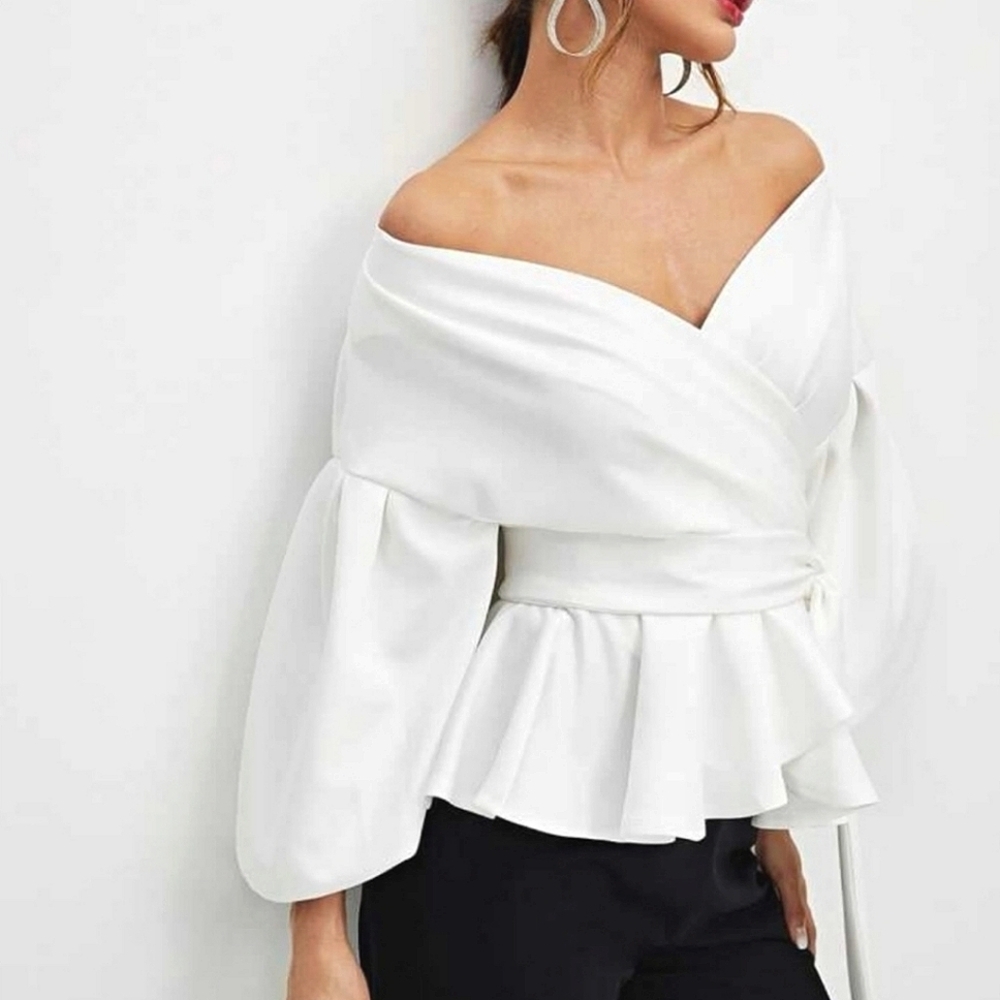 New Chic Off Shoulder Wrap Peplum Top Blouse Lantern Long Sleeve White